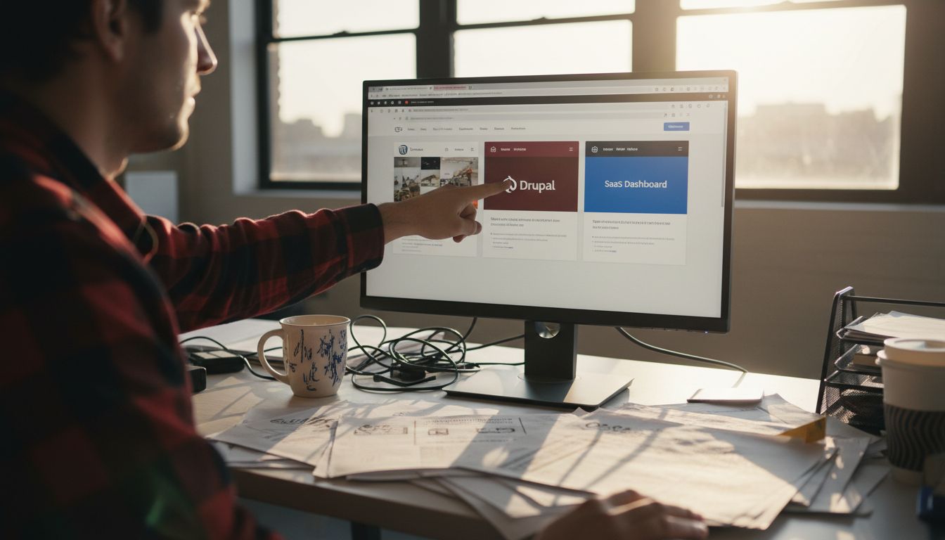 Developer compares CMS platforms at desk