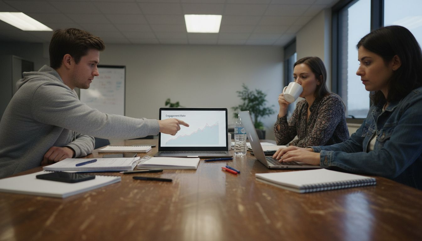 Team analyzing content performance metrics