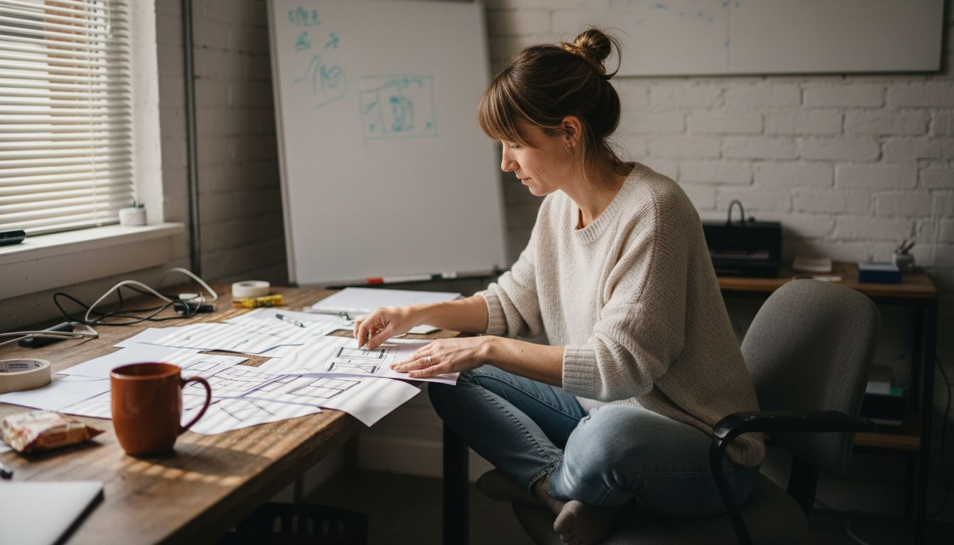 Designer organizing UI sketches on desk