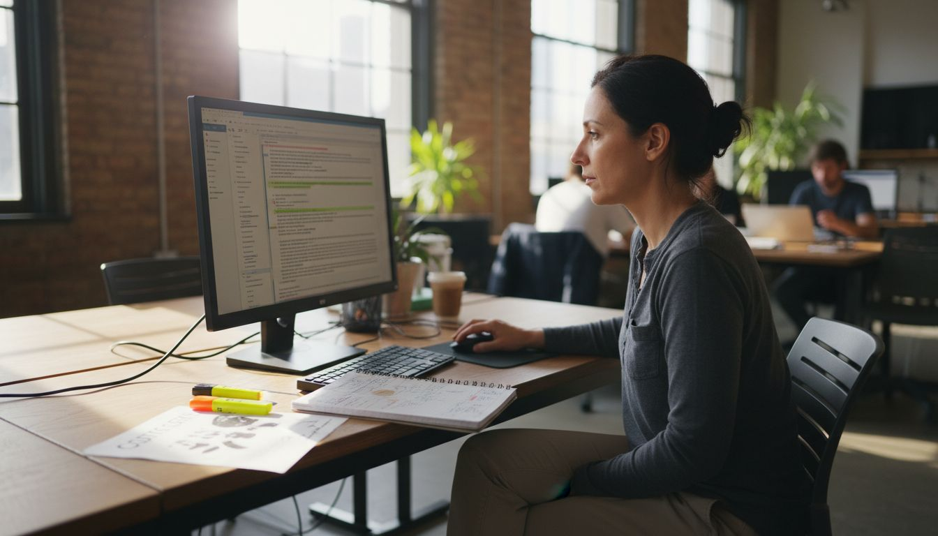 Editor reviewing AI-generated article at desk