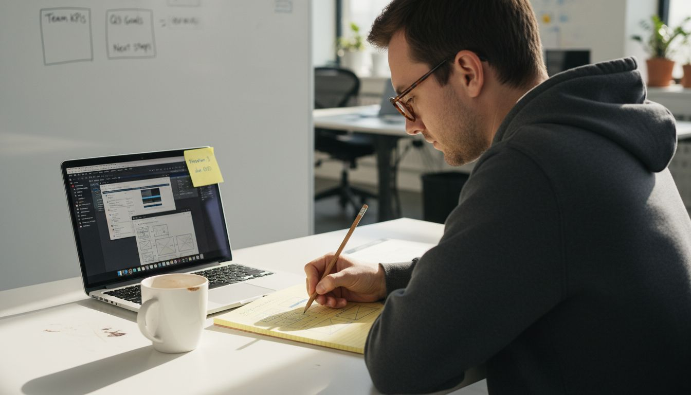 Designer sketching dashboard wireframes on desk