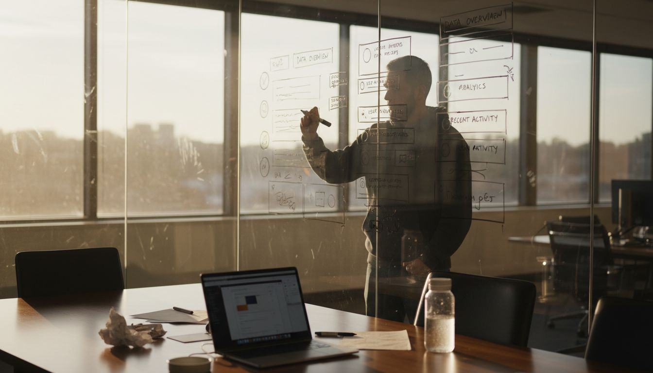 Designer sketching dashboard wireframes on whiteboard