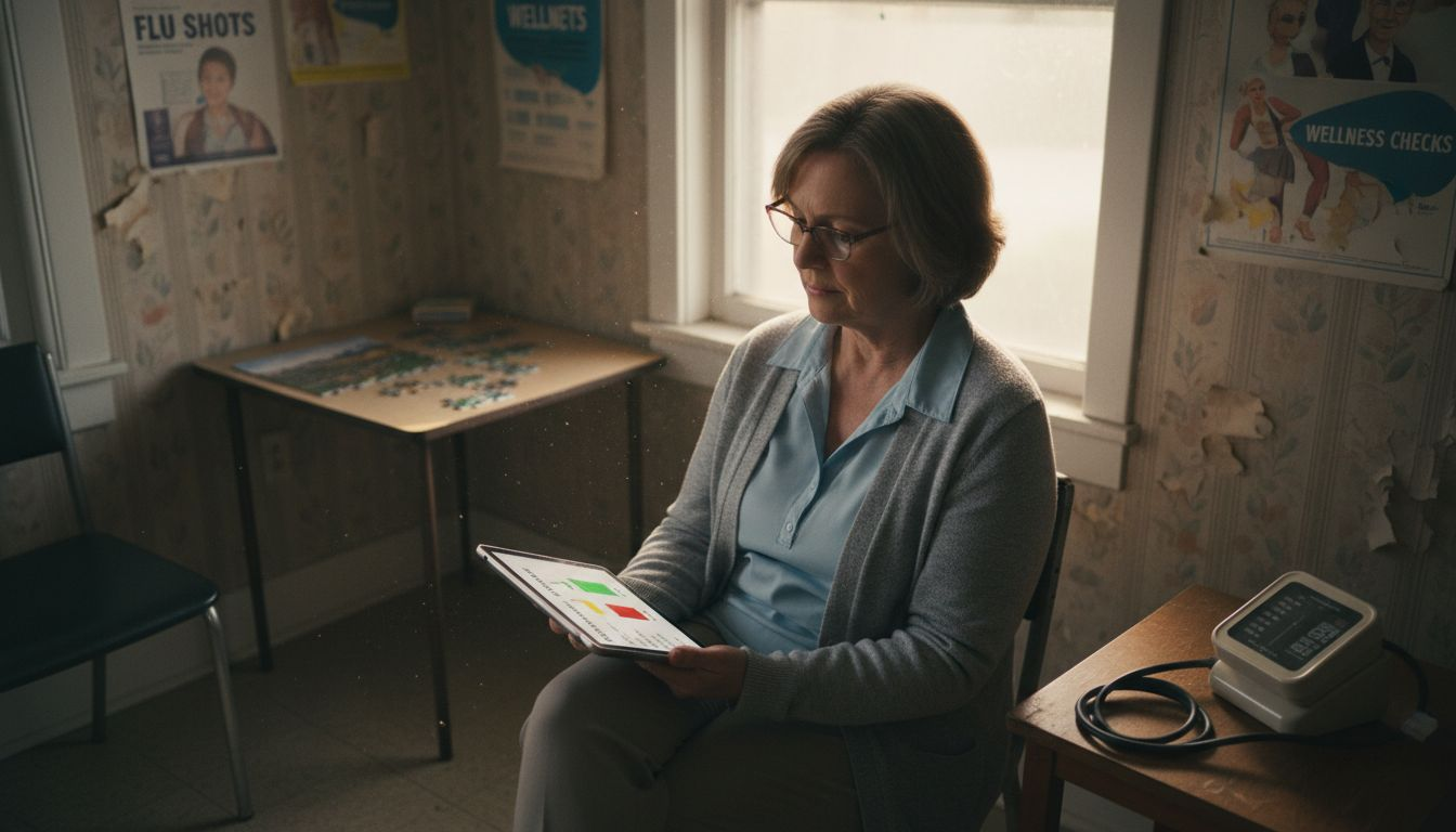 Woman using tablet for lab results in clinic