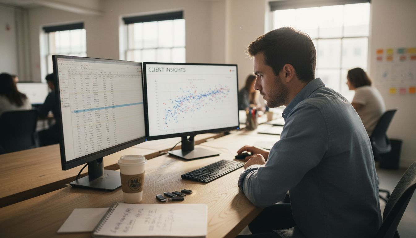 Analyst reviews client data at agency desk