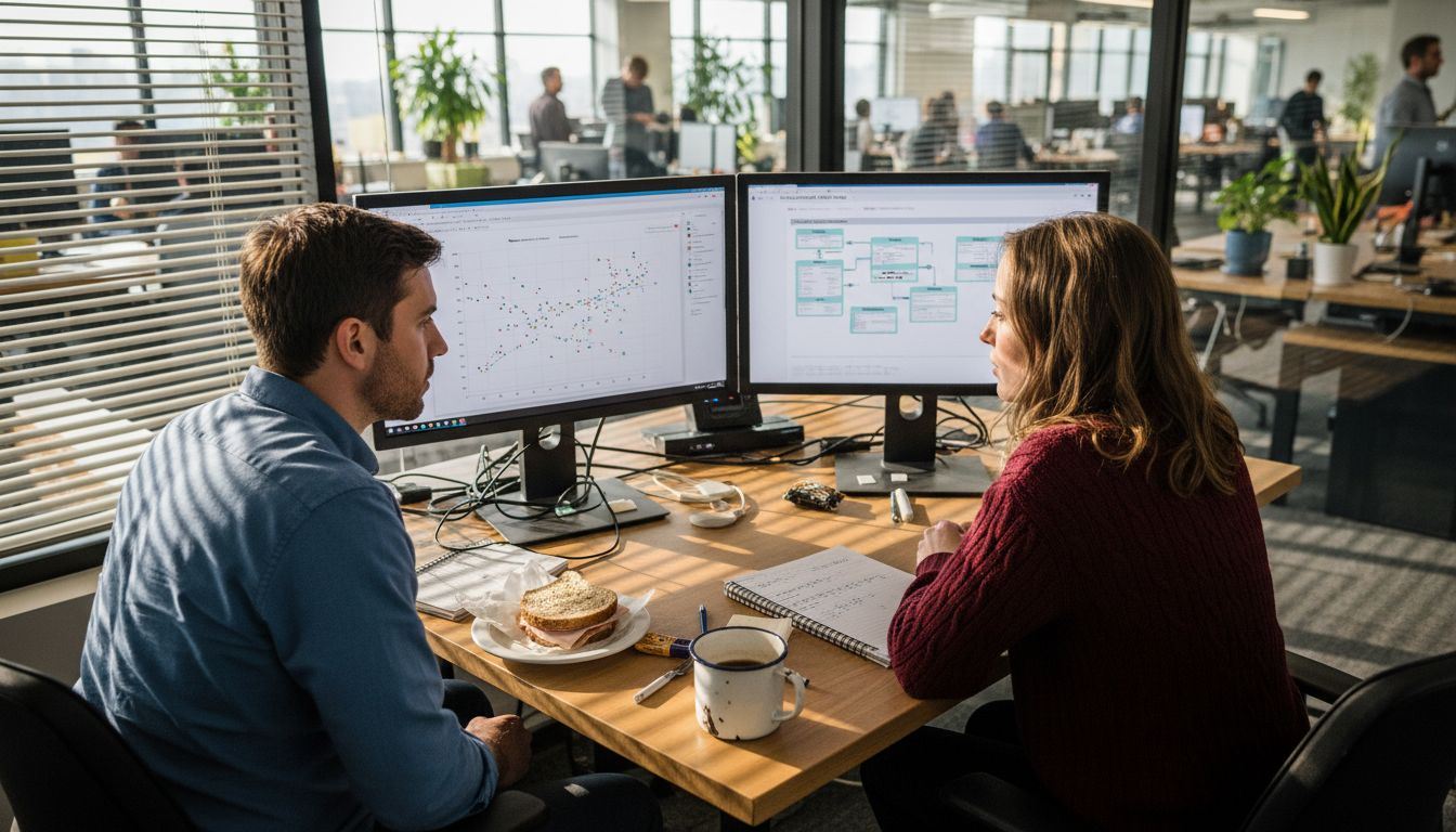 Colleagues reviewing SaaS data trends