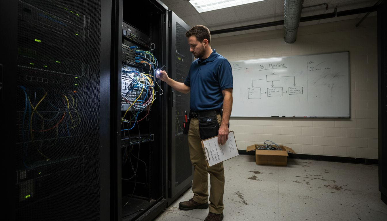 Technician inspecting business intelligence server racks