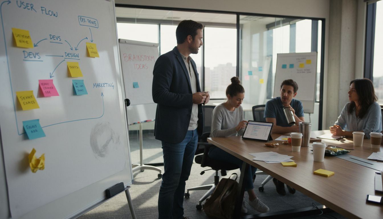 Team optimizing SaaS workflow with whiteboard