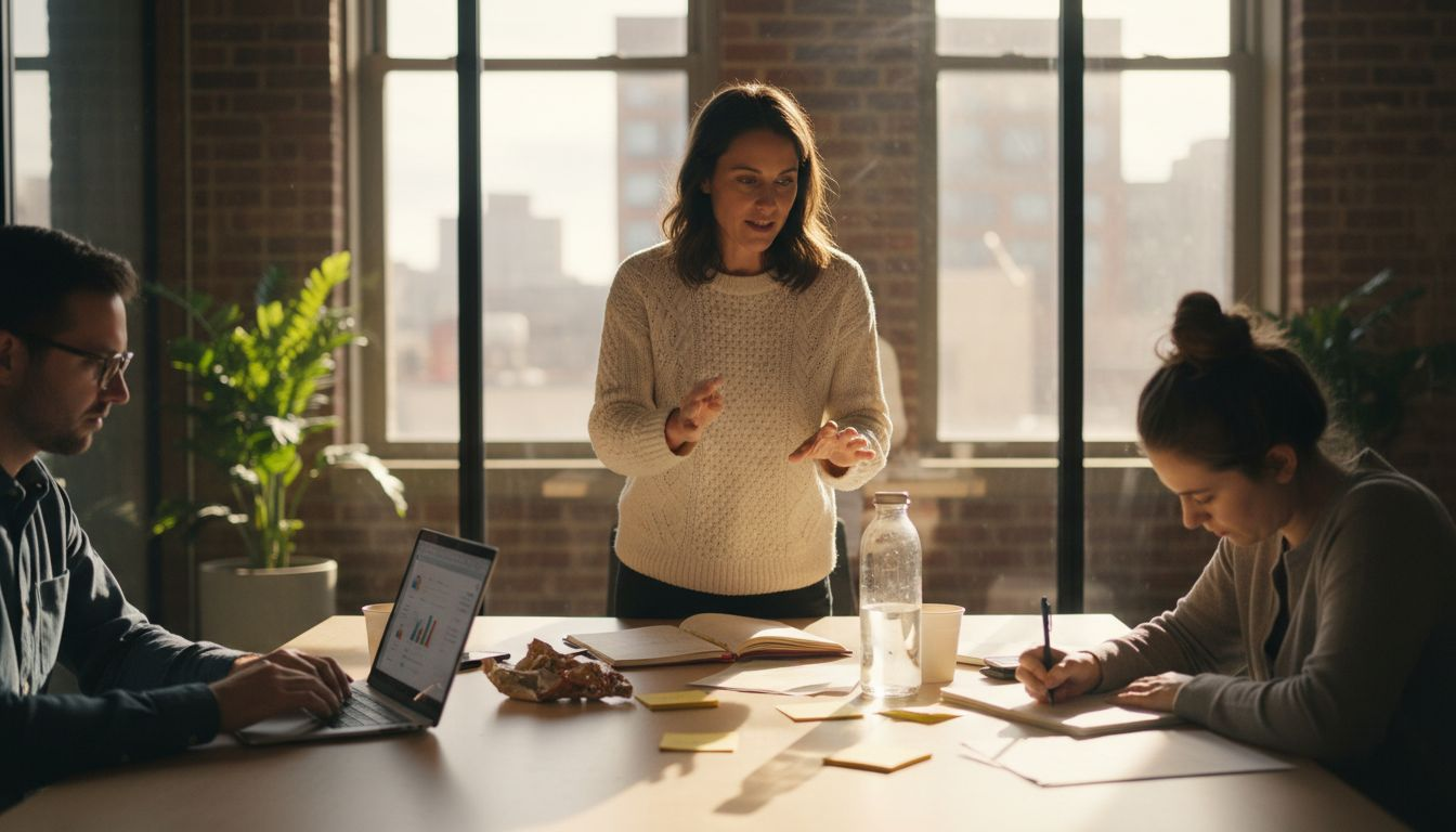 Team reviewing software analytics at meeting table