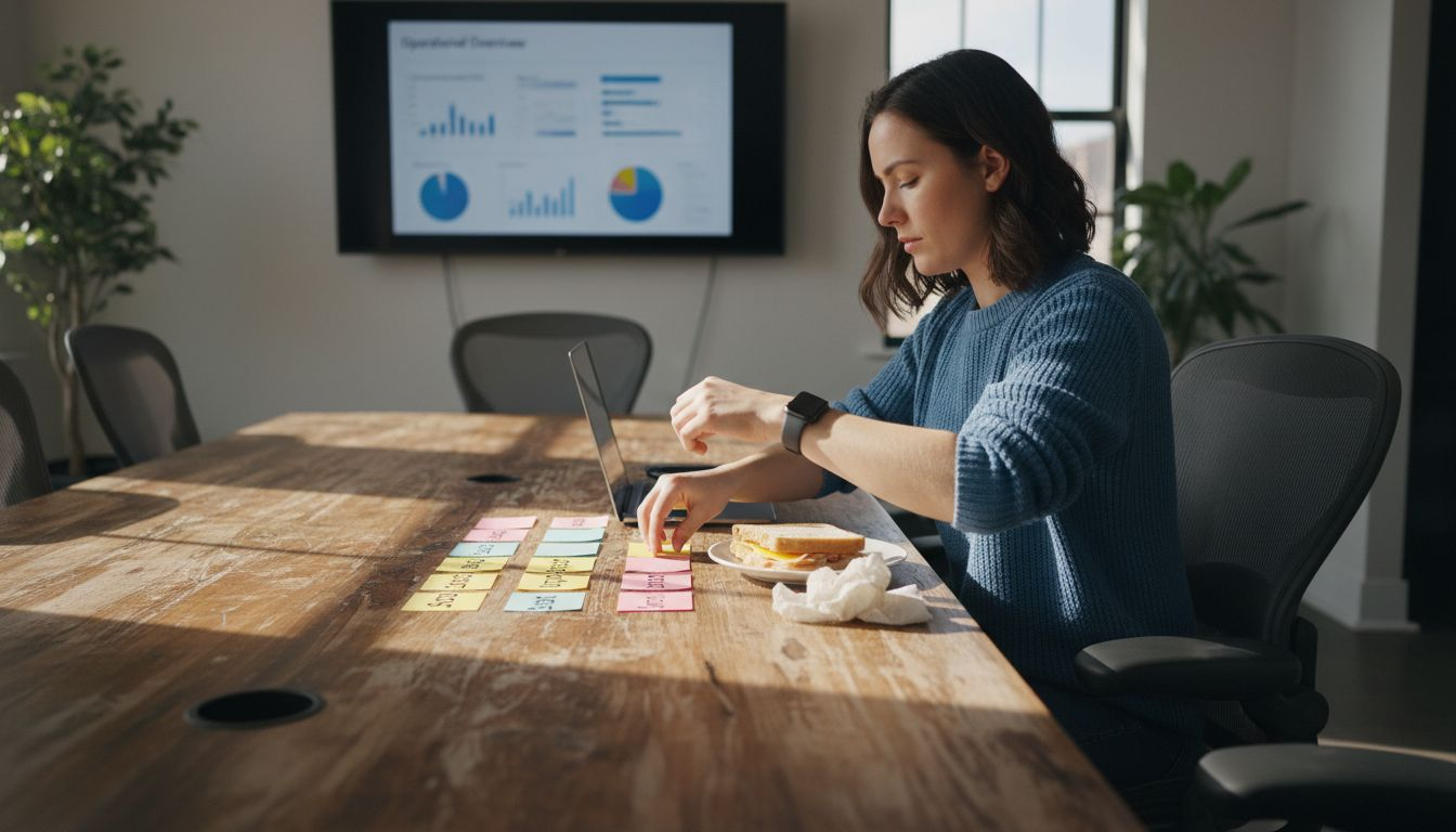 Analyst mapping dashboard components with sticky notes