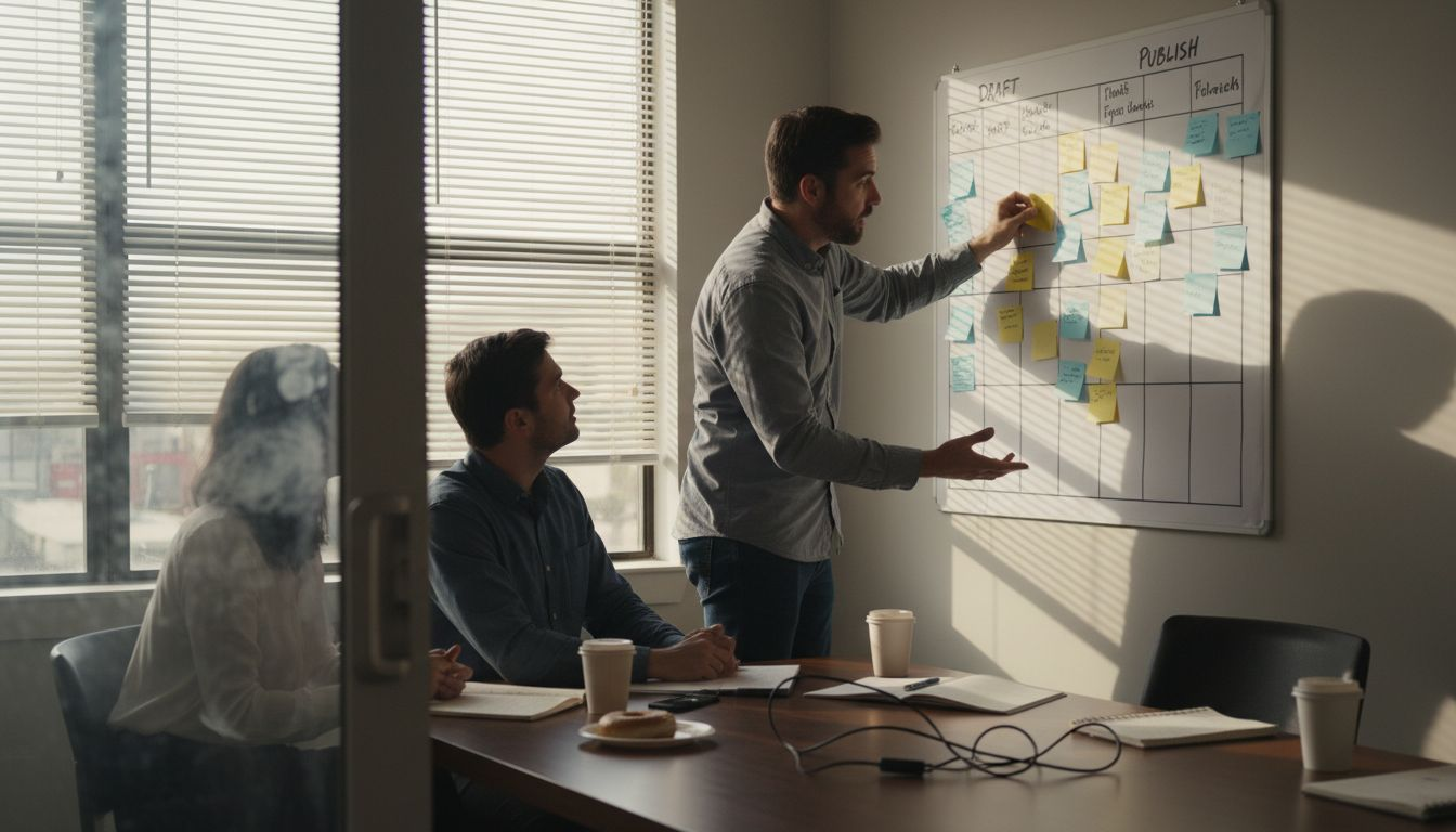 Manager updating workflow board with teammates