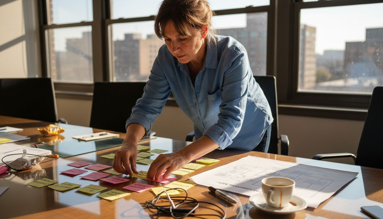 Architect planning microservices on conference table