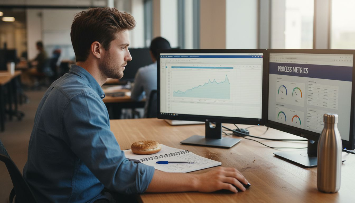 Analyst reviewing business process metrics dashboard