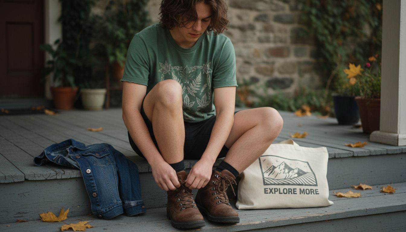 Person in green tee on porch with tote bag