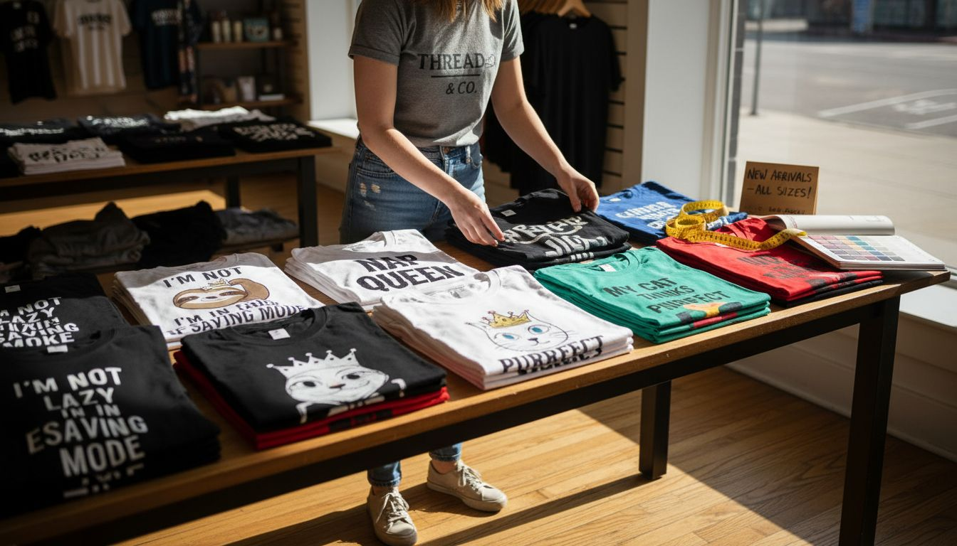 Retail worker sorting funny t-shirt fabrics