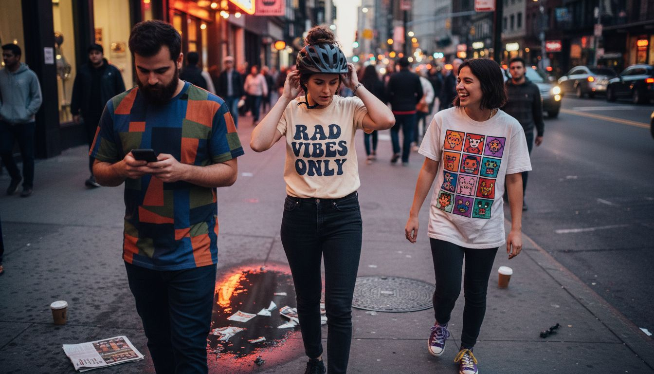 Group wearing bold graphic t-shirts outdoors