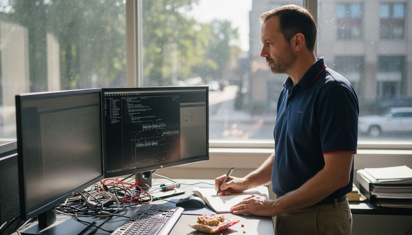 IT manager reviewing software integrations at desk