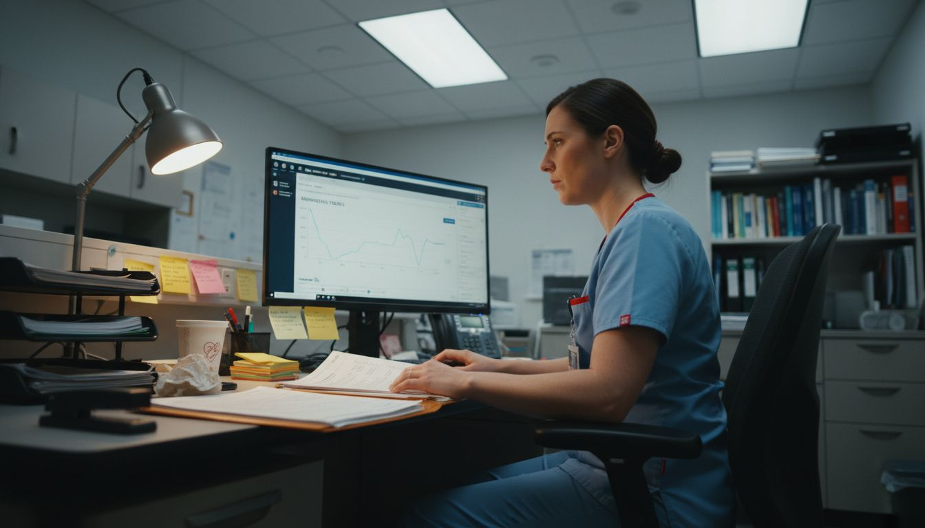 Nurse reviewing medical dashboard trends