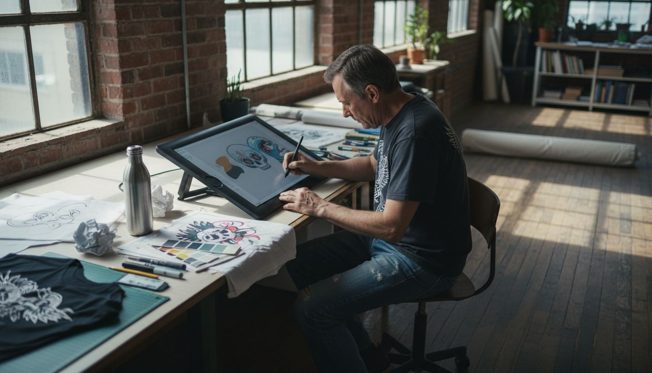 Designer working on t-shirt design in loft studio