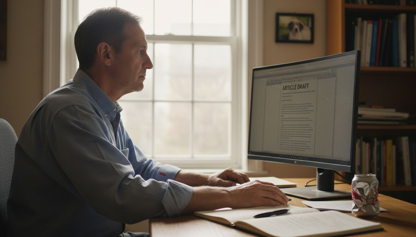 Editor creating AI-written article at desk