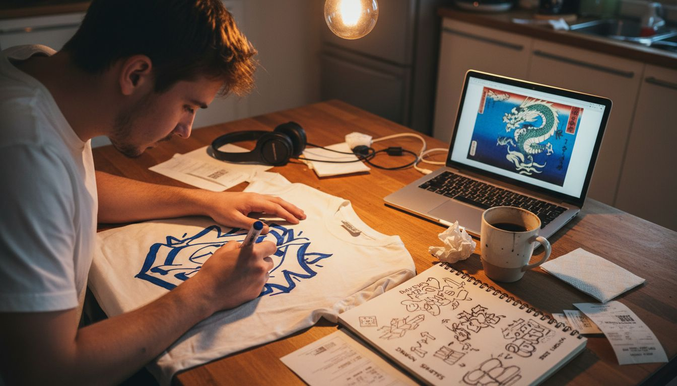 Person customizing t-shirt with fabric markers
