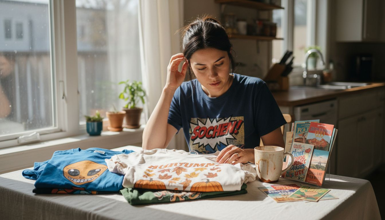 Woman sorting unique style graphic shirts