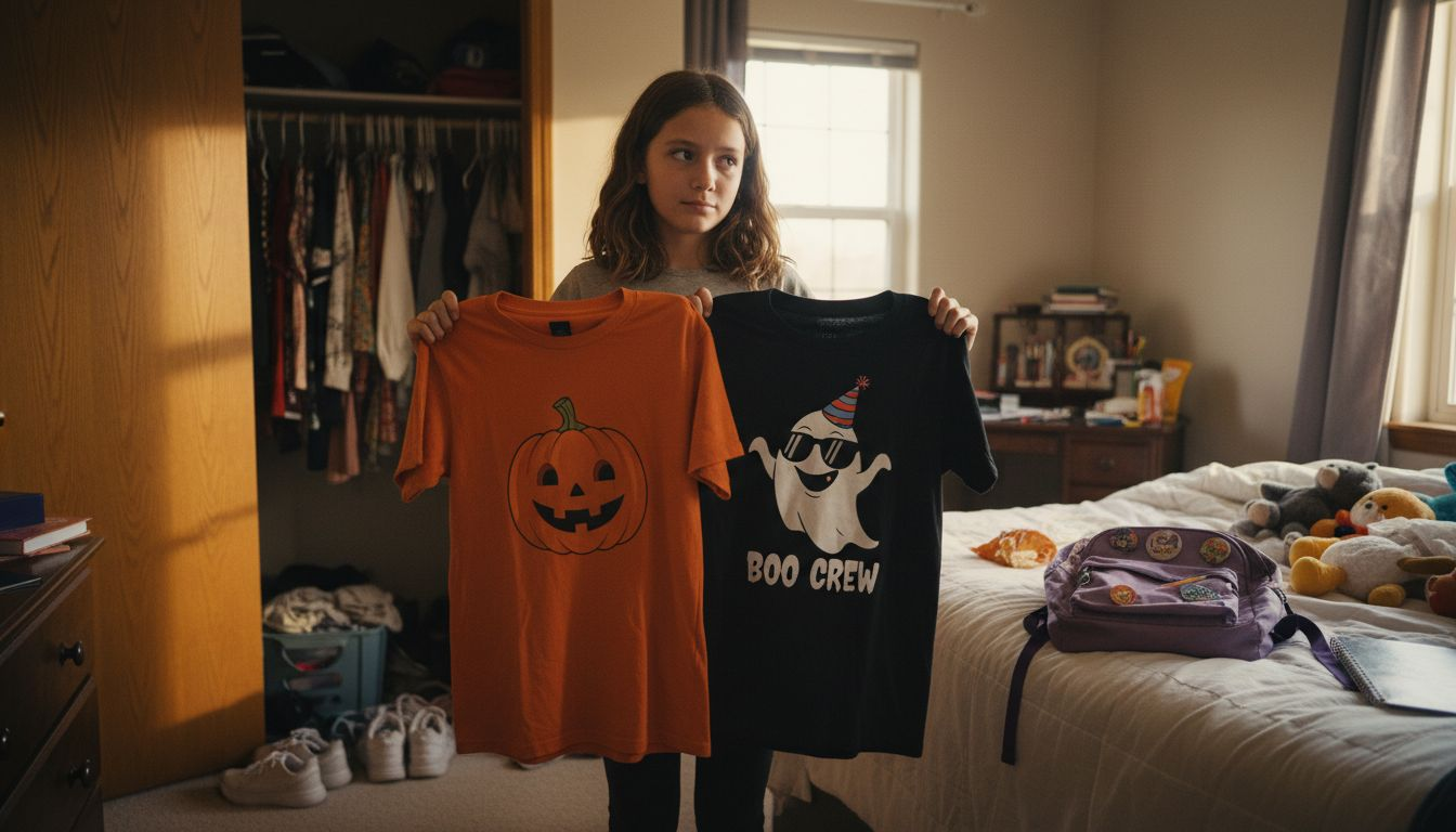 Girl deciding between two Halloween shirts