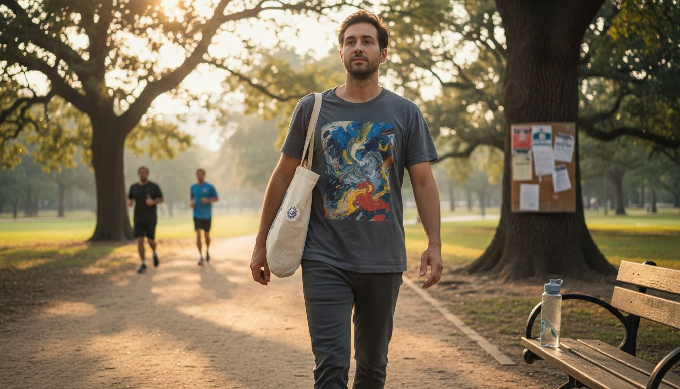 Young adult in artistic graphic t-shirt