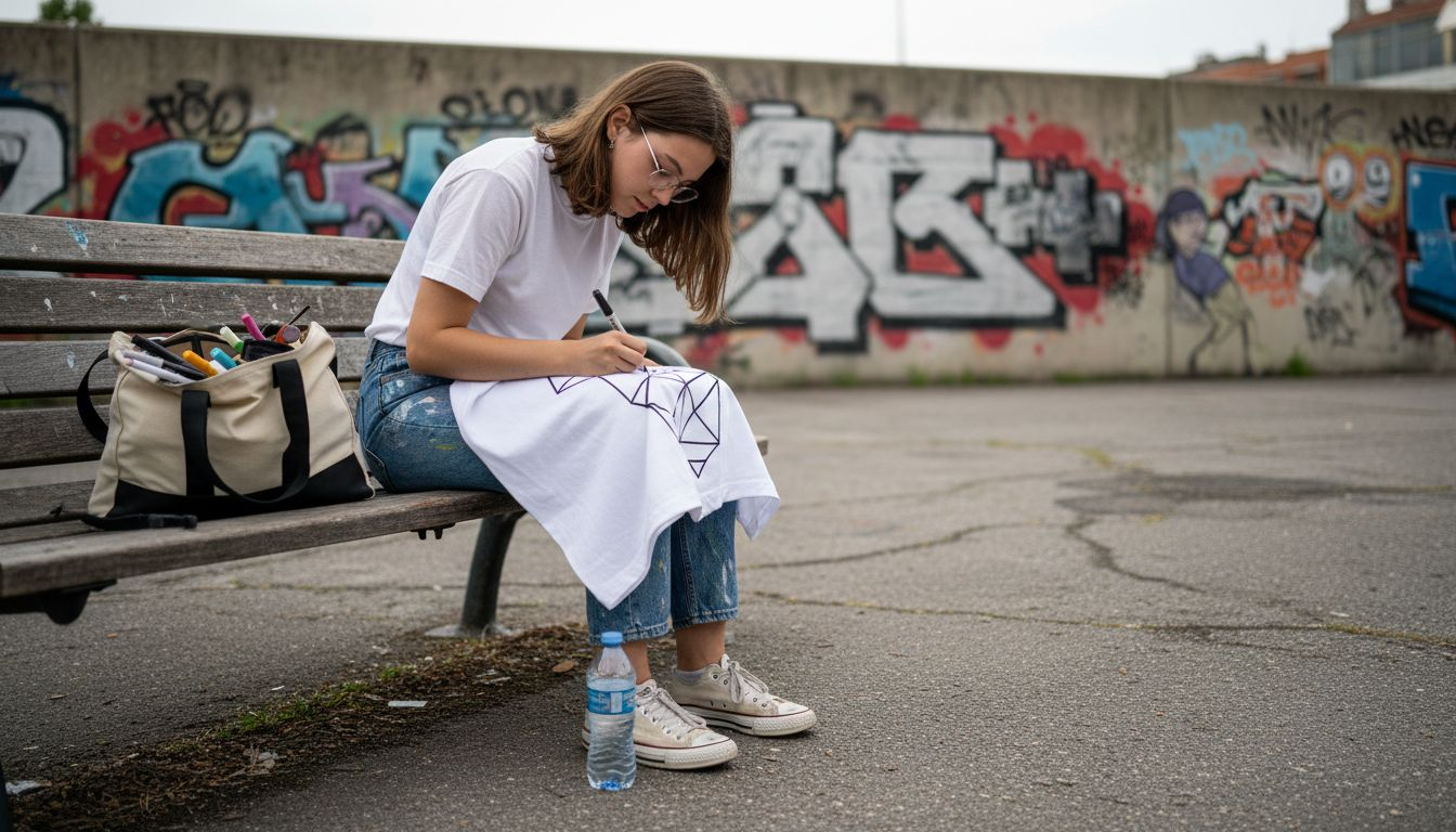 Teen artist designing graphic tee outdoors