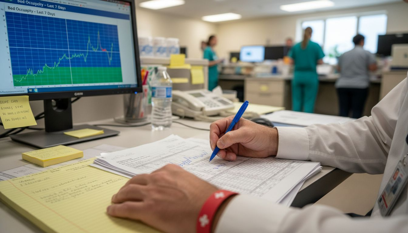 Administrator sorting medical paperwork and data printouts