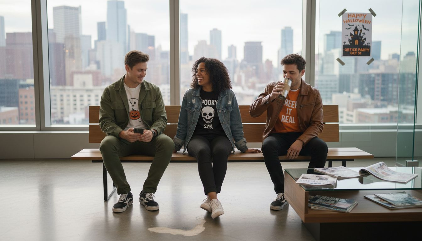 Young adults in Halloween tees at office