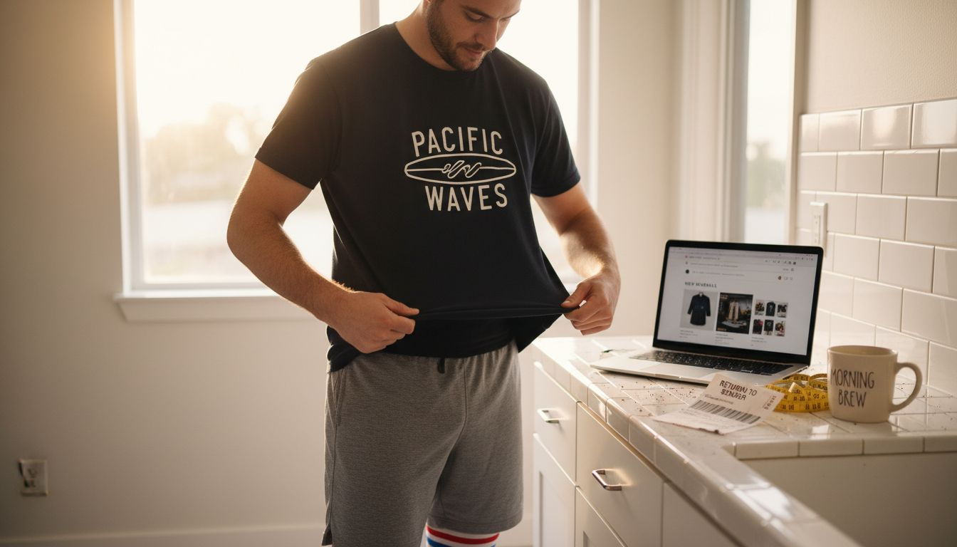 Man checking shirt quality at kitchen counter
