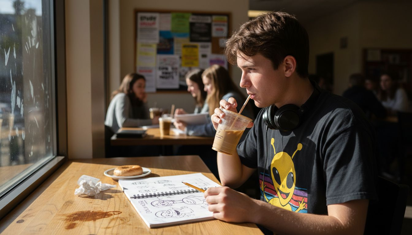 Student wearing cartoon tee sketching at café
