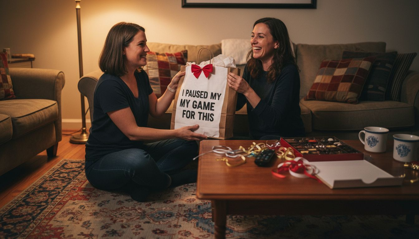 Gift exchange with humorous shirt in cozy home