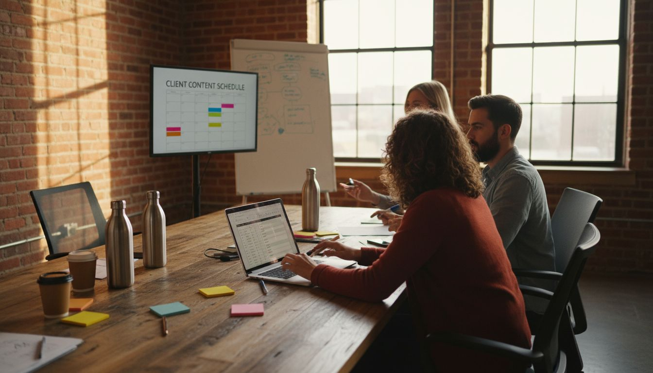 Team reviews content schedules on monitor