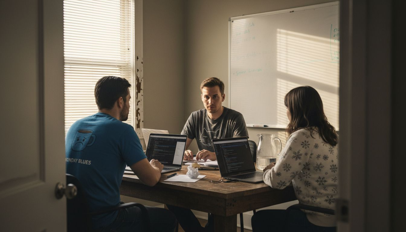 Coworkers wearing themed shirts in meeting