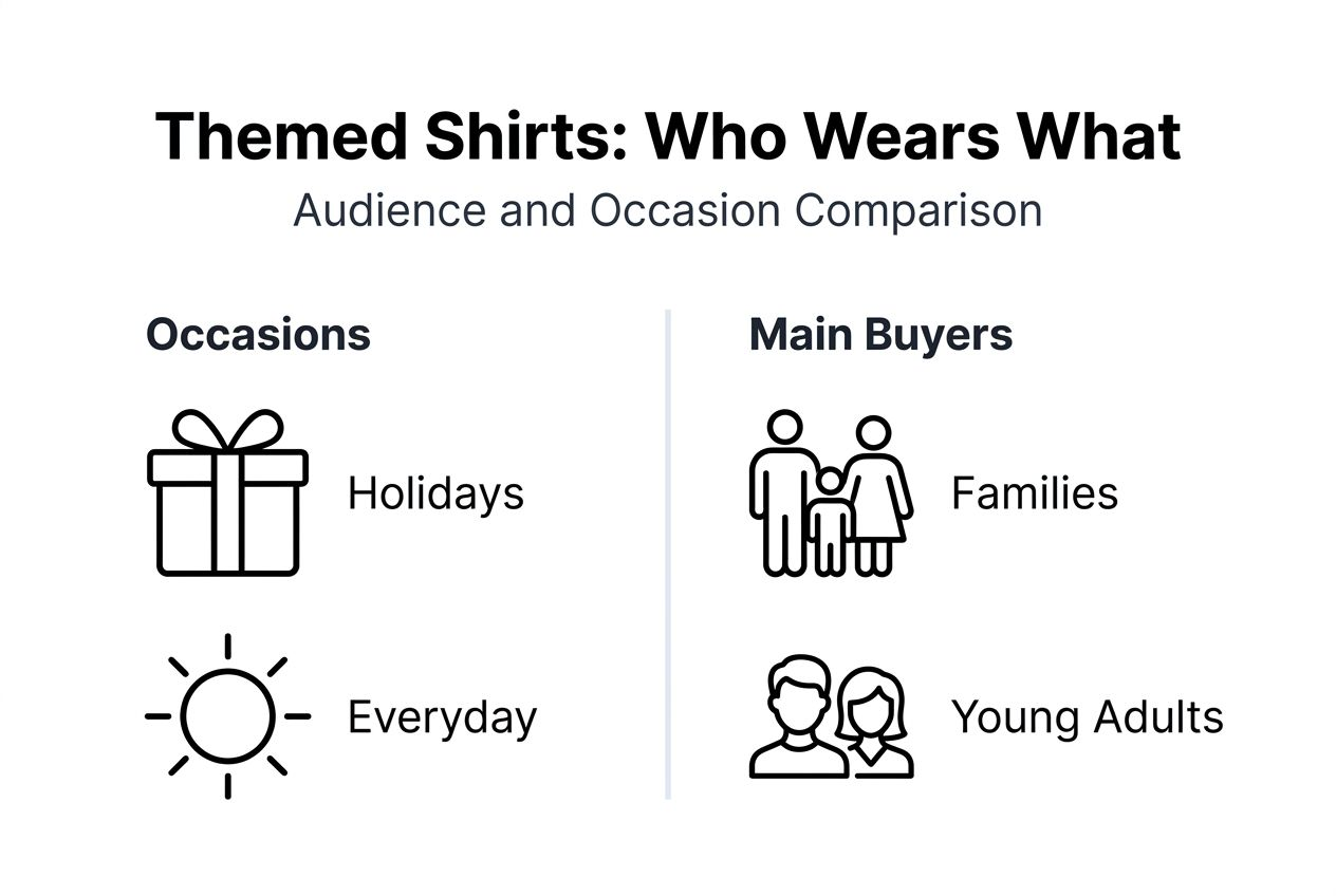 Infographic contrasting themed shirt occasions and buyers
