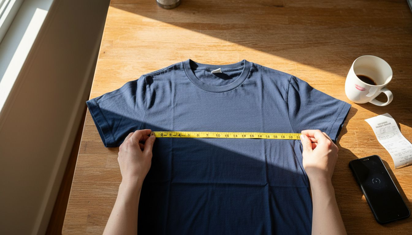 Hands measuring t-shirt width on table