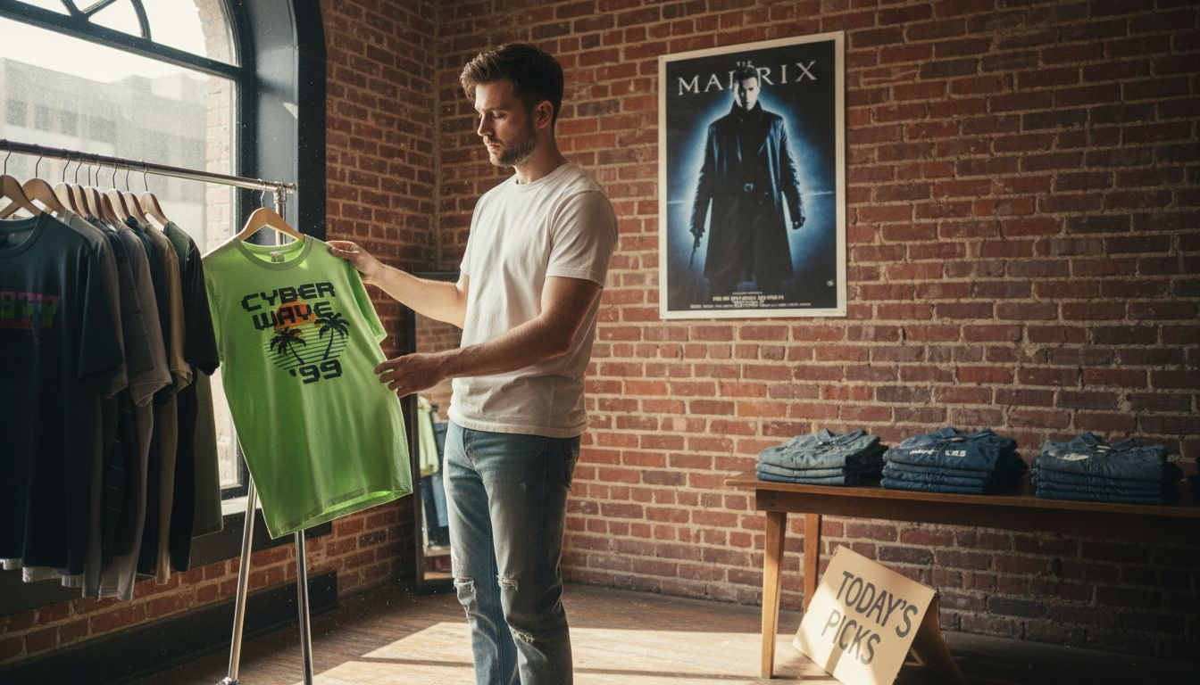 Browsing nostalgic retro t-shirt designs in shop