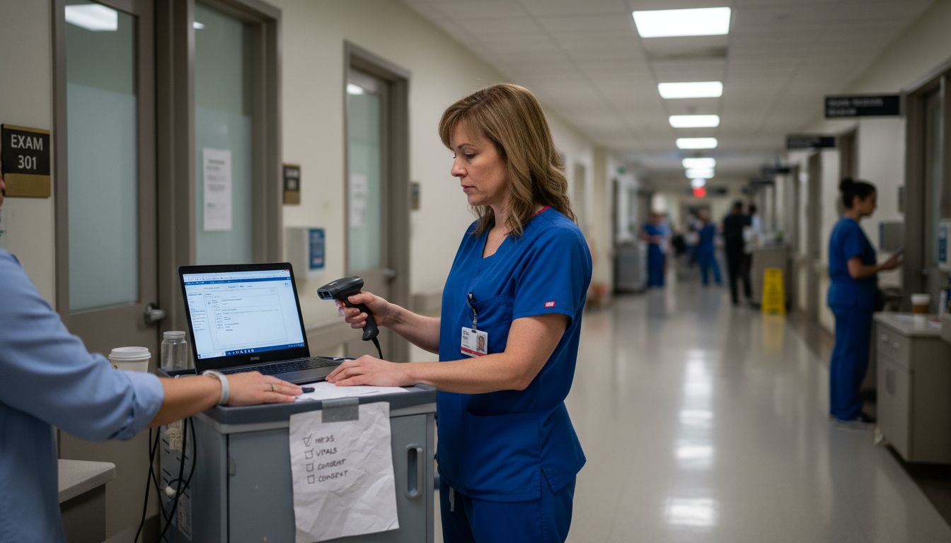 Nurse using computer cart in hospital corridor