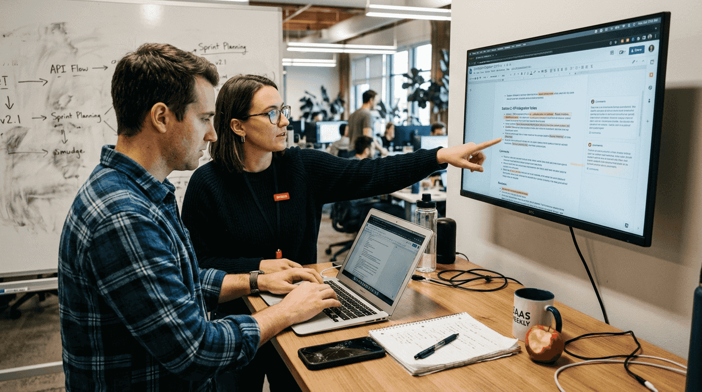 Coworkers editing shared document together