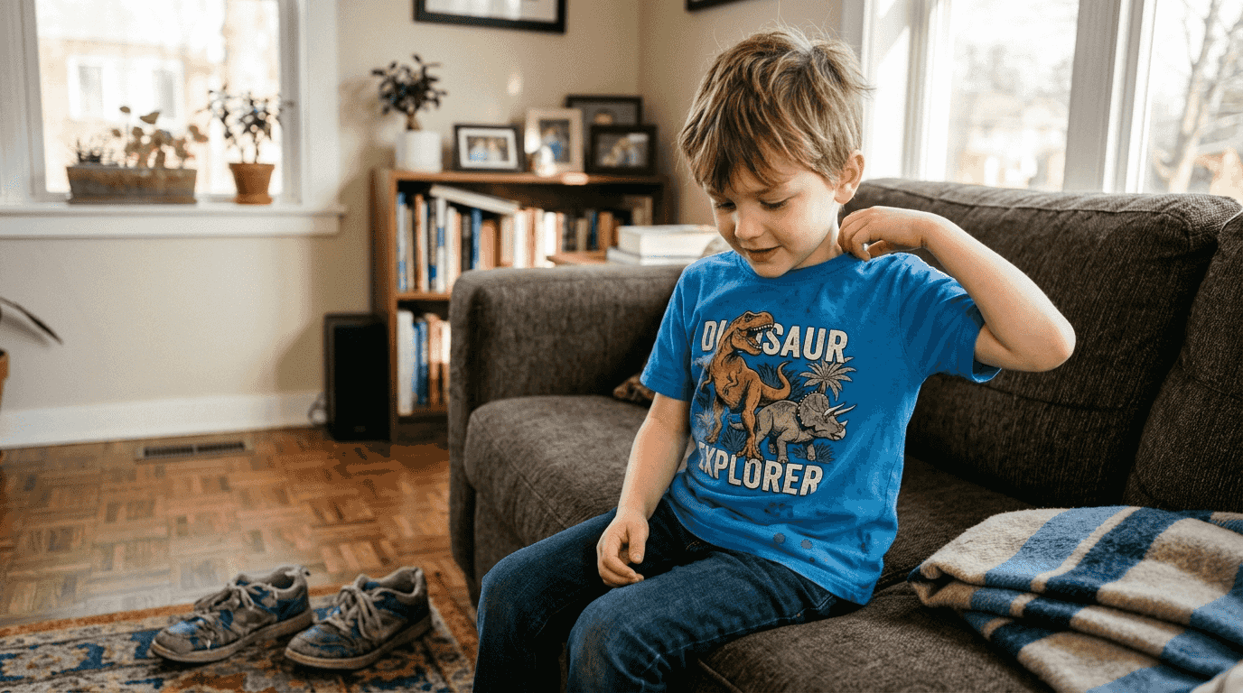 Boy sitting comfortably in soft graphic tee