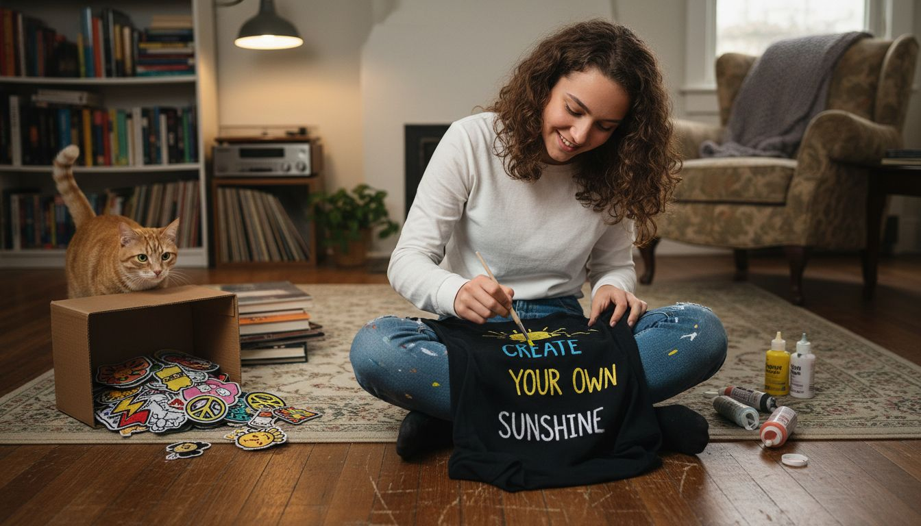 Teen customizing Halloween shirt with fabric paint