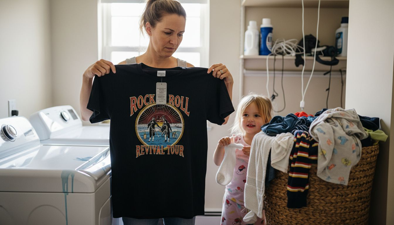 Mother and child inspect graphic tee quality