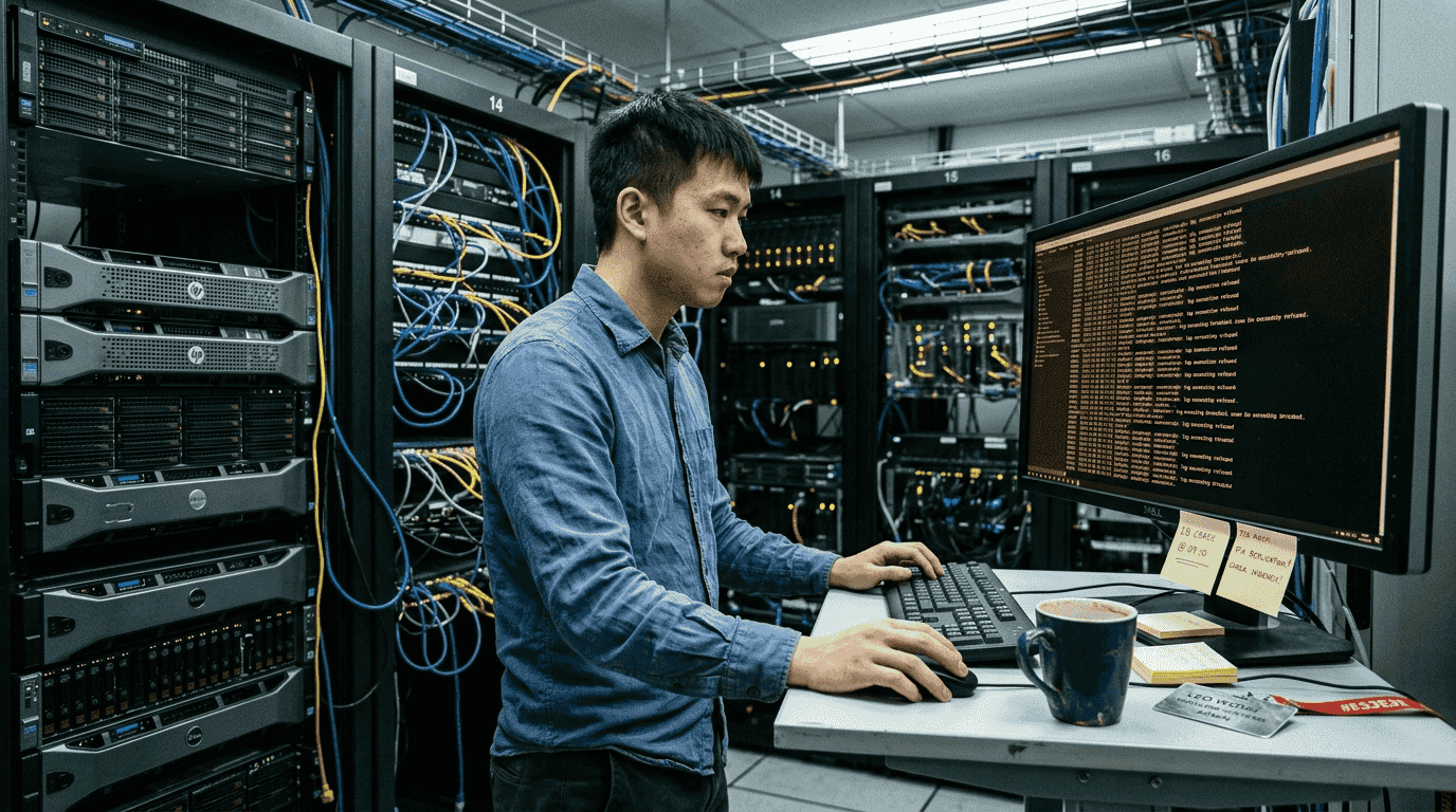 Technician reviews logs at SaaS server rack