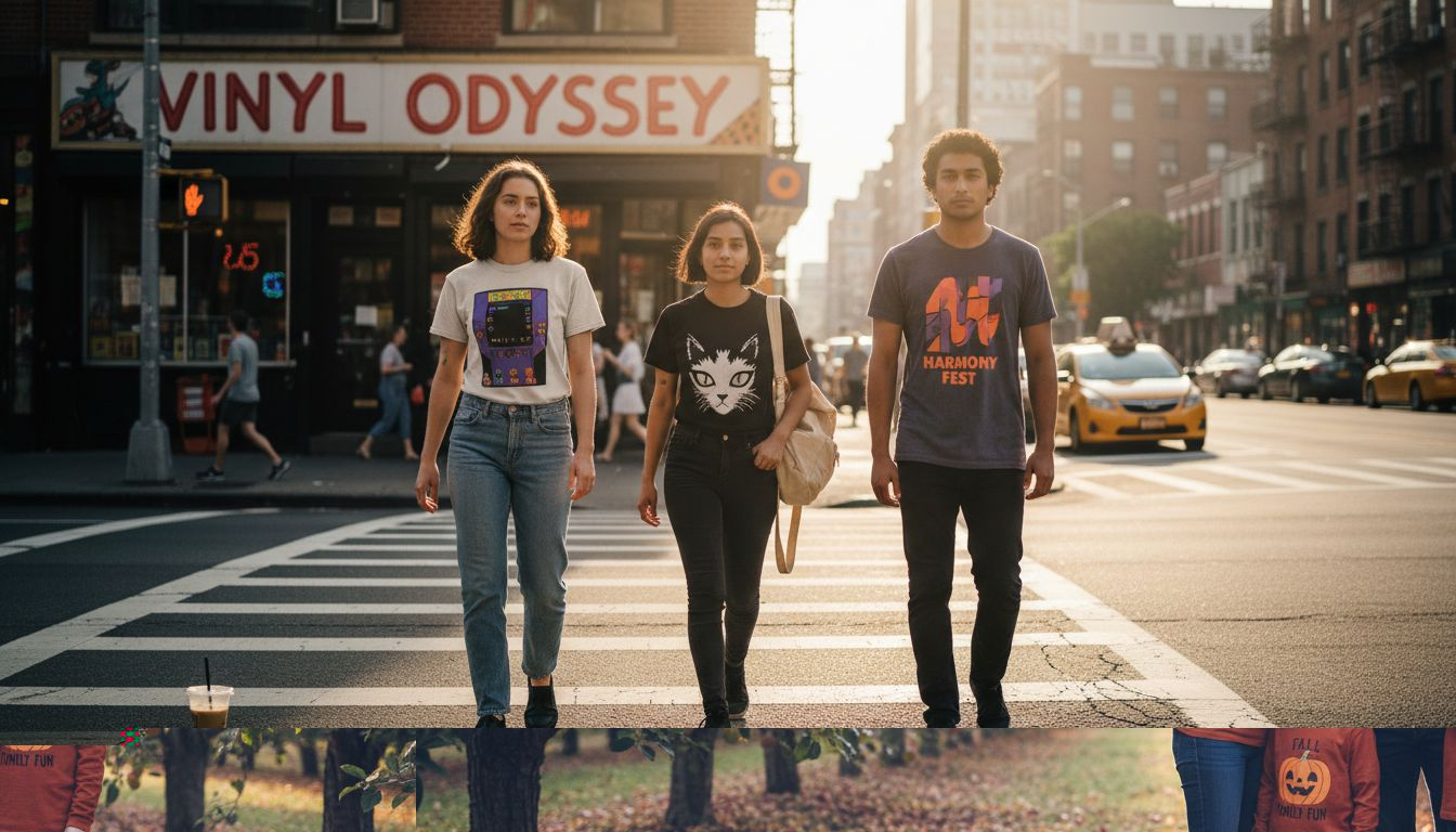 Family in matching themed shirts at orchard