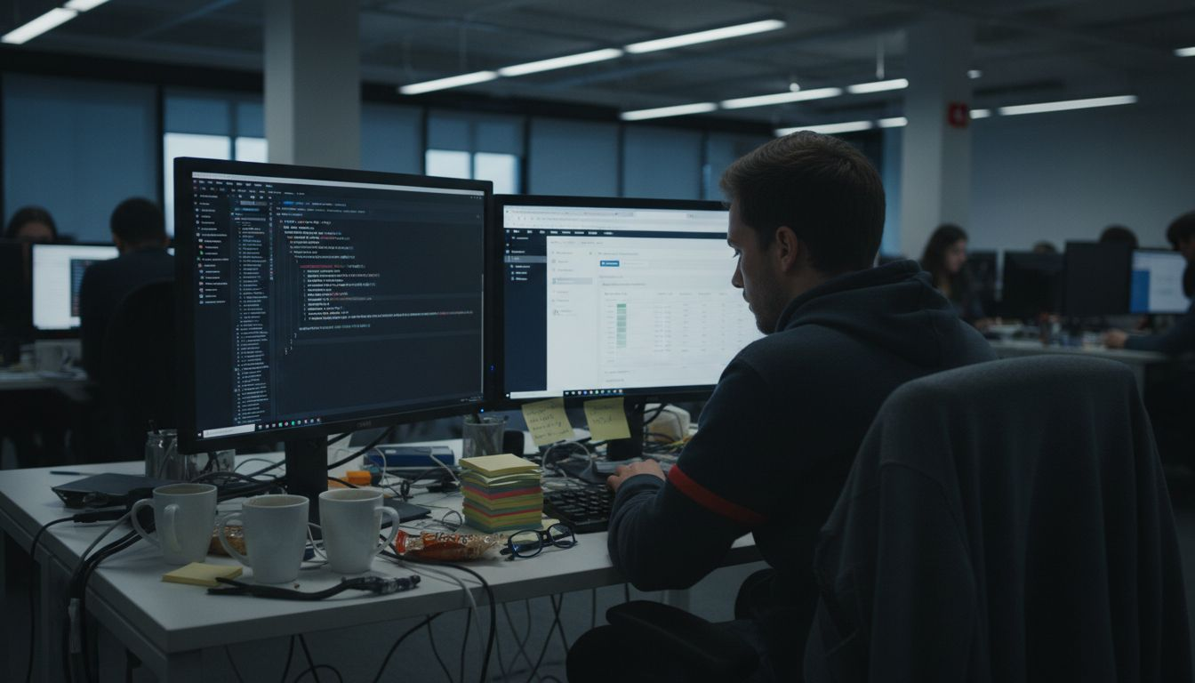 Developer coding admin panel at cluttered desk