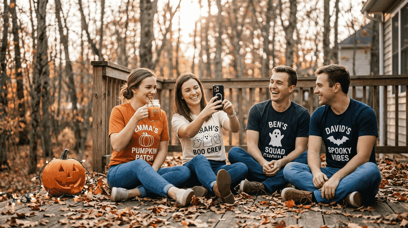 Group in autumn wearing holiday themed shirts