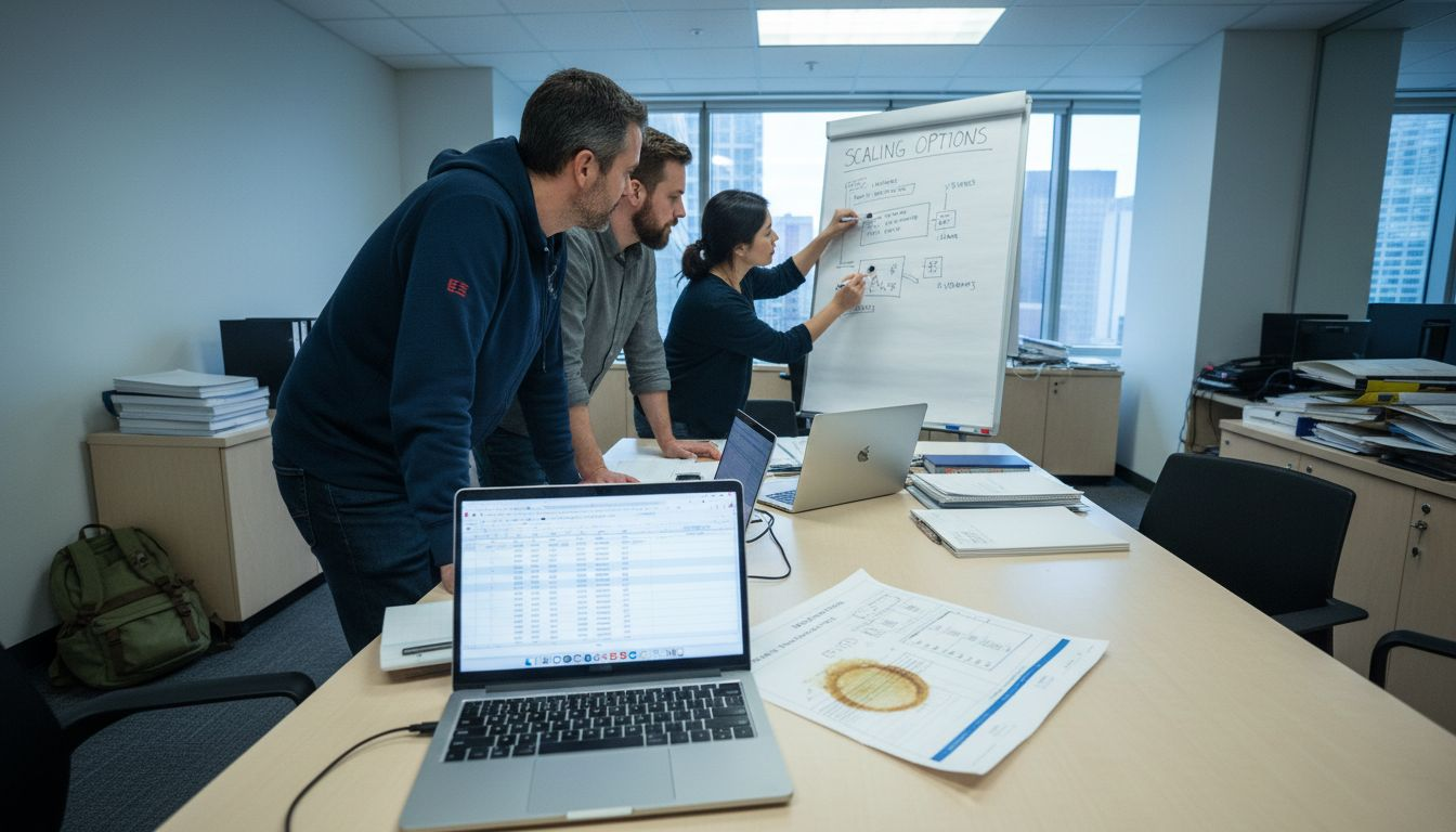 Engineers brainstorming scaling infrastructure options