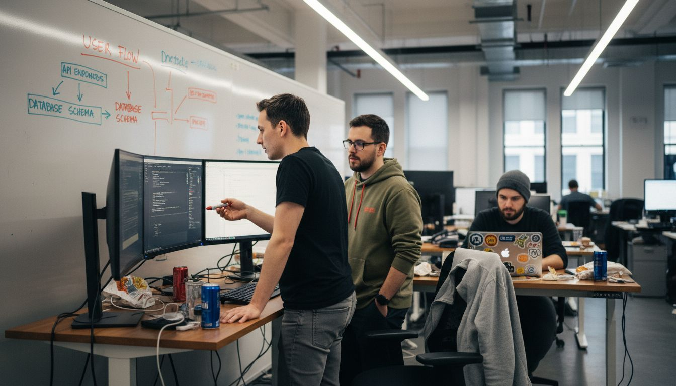 Developers collaborating at desks with code and notes