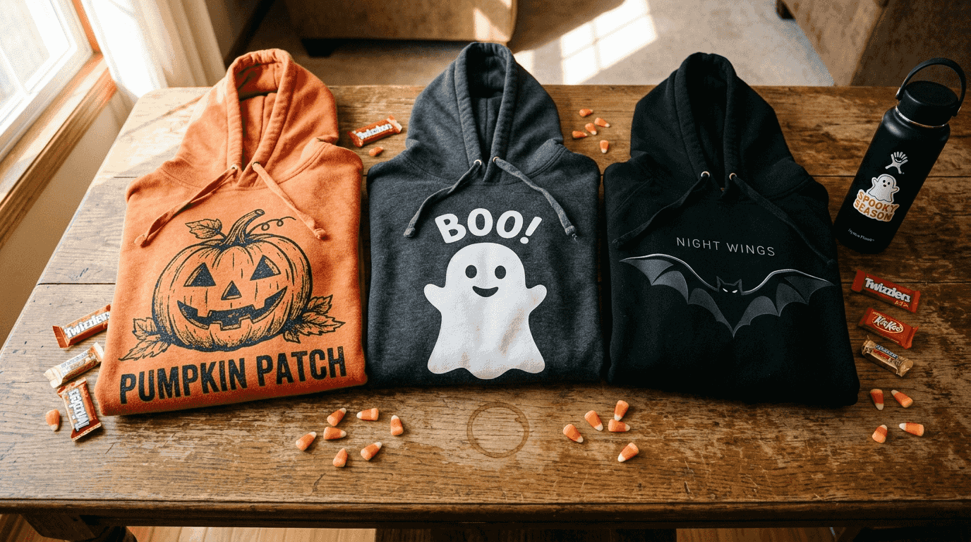 Three Halloween hoodies pumpkin ghost bat graphics